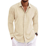 Mens Linen Long Sleeve Shirt Breathable Classic Fit Beige Shirts & Tops