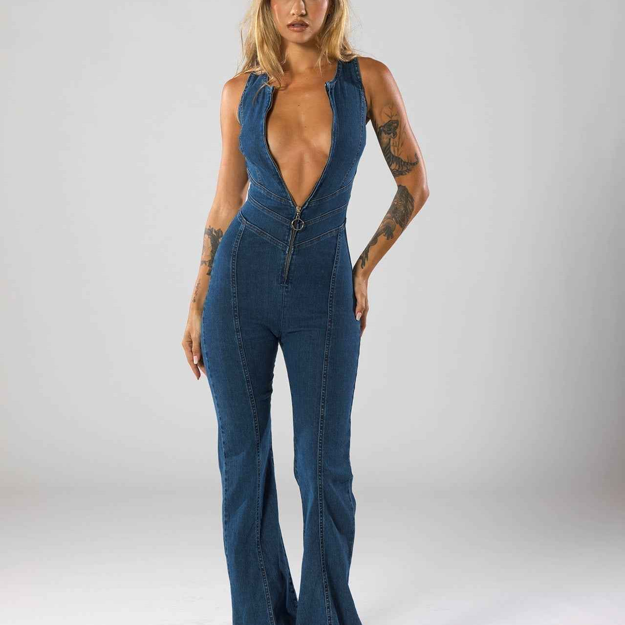 Deep V-Neck Flare Denim Jumpsuit - OKOHOKO™ FASHION