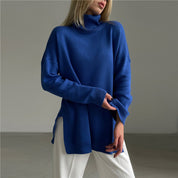 Split Hem Turtleneck Sweater With Side Slit Cozy Design - OKOHOKO™ FASHION