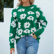 Floral Lantern Sleeves Knit Sweater For Women O Neck Green Women Sweater