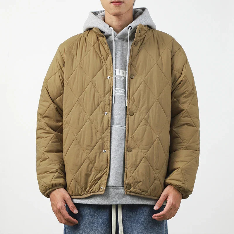 Quilted Winter Jacket Warm Insulated Coat With Snap Closure Beige Men's Winter Jacket