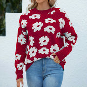 Floral Lantern Sleeves Knit Sweater For Women O Neck Red wine Women Sweater
