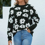 Floral Lantern Sleeves Knit Sweater For Women O Neck Black Women Sweater