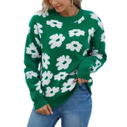 Floral Lantern Sleeves Knit Sweater For Women O Neck Women Sweater