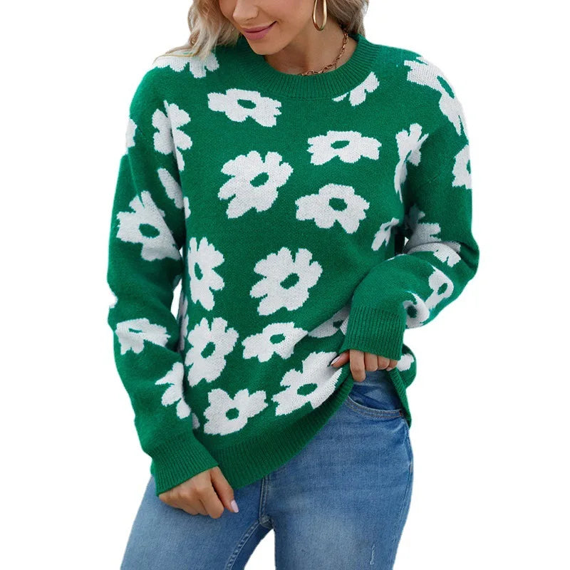 Floral Lantern Sleeves Knit Sweater For Women O Neck Women Sweater