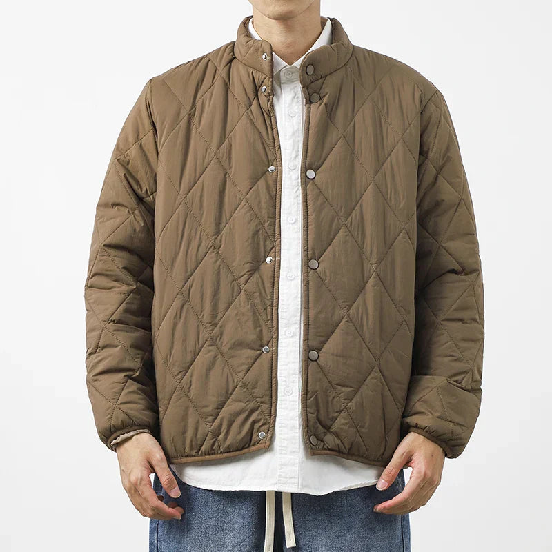 Quilted Winter Jacket Warm Insulated Coat With Snap Closure Brown Men's Winter Jacket
