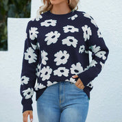 Floral Lantern Sleeves Knit Sweater For Women O Neck Navy blue Women Sweater