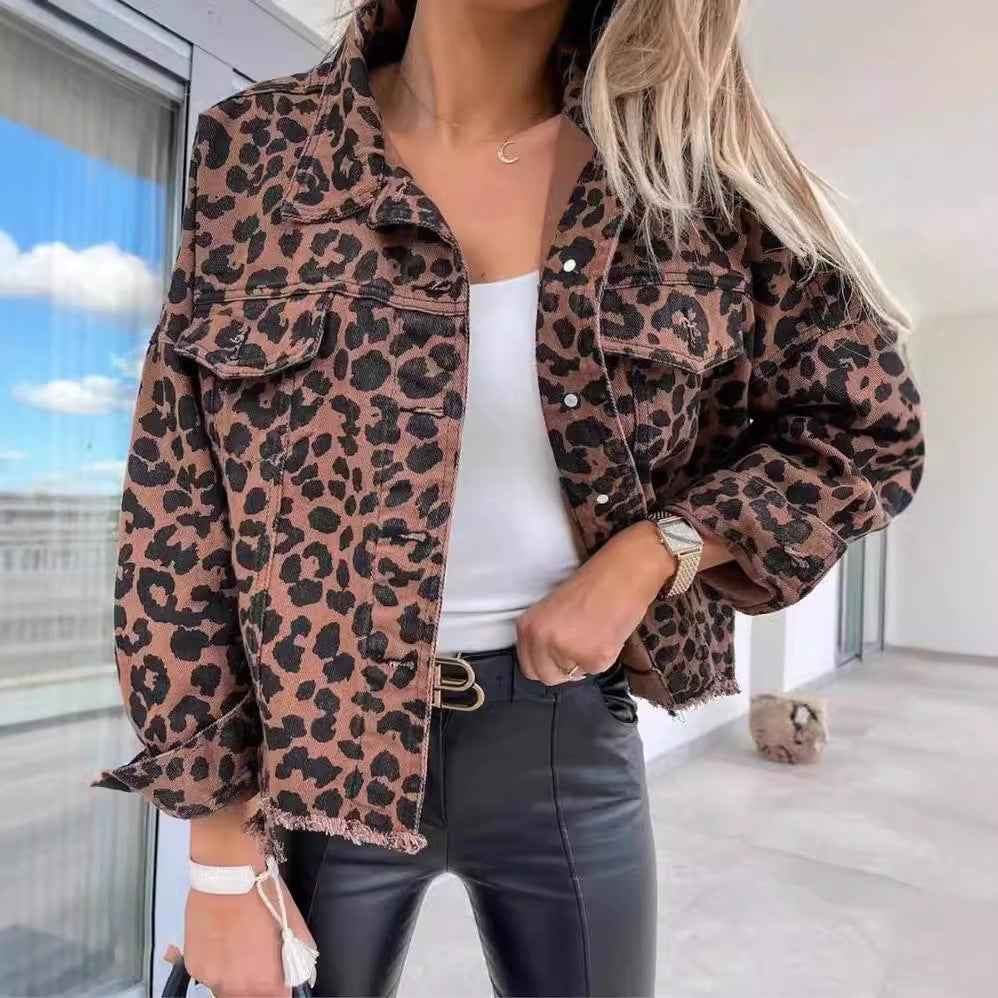 Leopard Print Denim Jacket Women Slim Fit Casual Chic - OKOHOKO™ FASHION