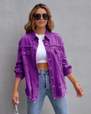 Ripped Shacket For Women Overshirt Jacket Breathable Cotton Purple Jackets