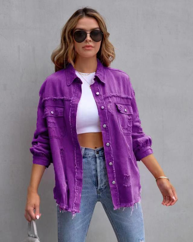 Ripped Shacket For Women Overshirt Jacket Breathable Cotton Purple Jackets