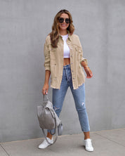 Ripped Shacket For Women Overshirt Jacket Breathable Cotton Khaki Jackets