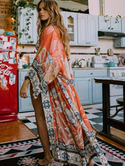 Elegant Long Floral Kimono Robe for Women Blood Orange One Size Fits All Dresses