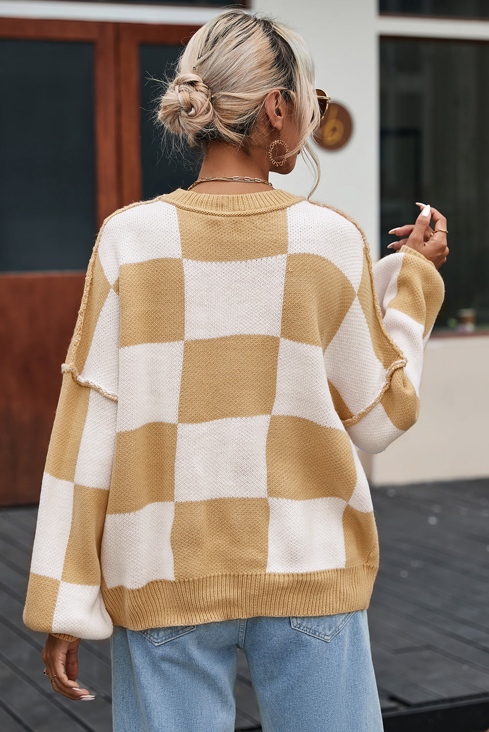 Womens Checkerboard Knit Sweater For Cozy Warmth Everyday - OKOHOKO™ FASHION