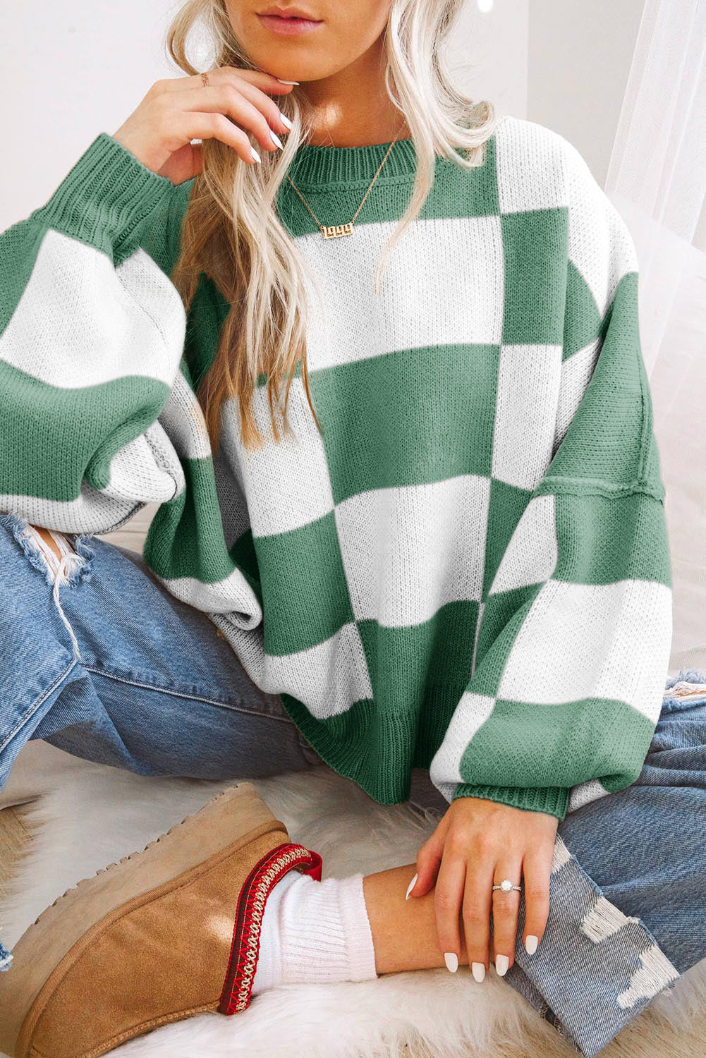 Womens Checkerboard Knit Sweater For Cozy Warmth Everyday - OKOHOKO™ FASHION