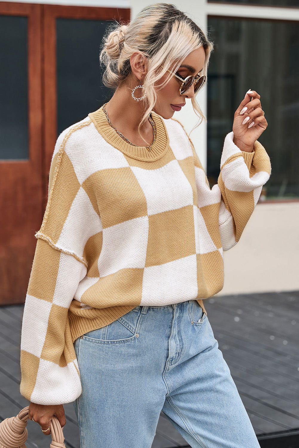 Womens Checkerboard Knit Sweater For Cozy Warmth Everyday - OKOHOKO™ FASHION