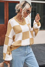 Womens Checkerboard Knit Sweater For Cozy Warmth Everyday - OKOHOKO™ FASHION