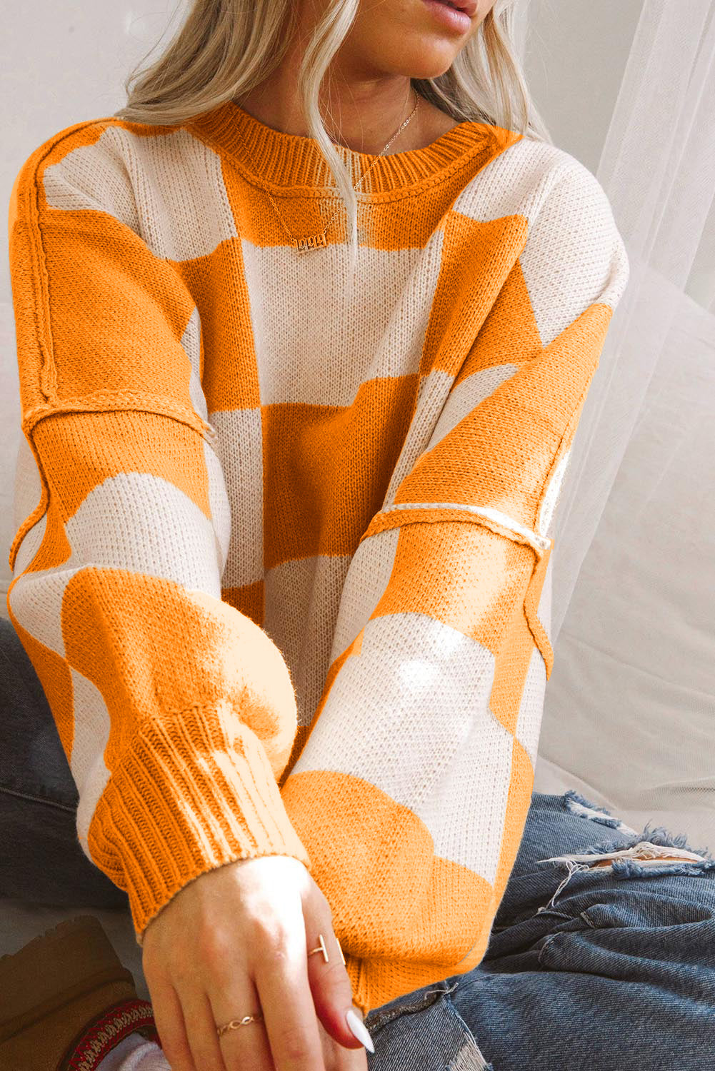 Womens Checkerboard Knit Sweater For Cozy Warmth Everyday - OKOHOKO™ FASHION