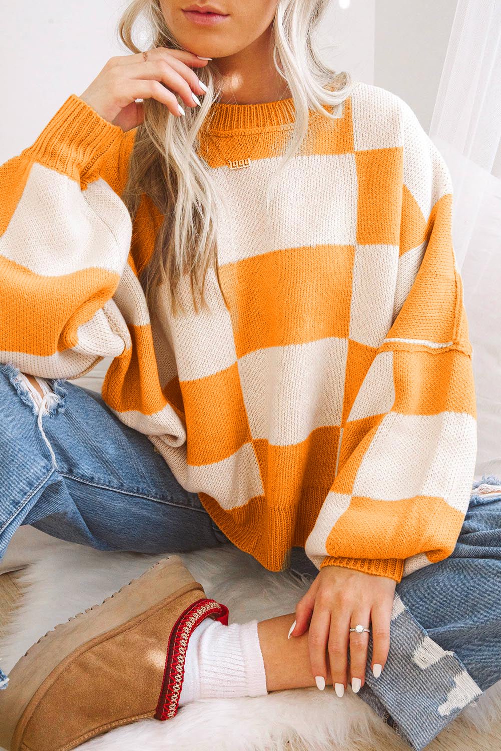 Womens Checkerboard Knit Sweater For Cozy Warmth Everyday - OKOHOKO™ FASHION