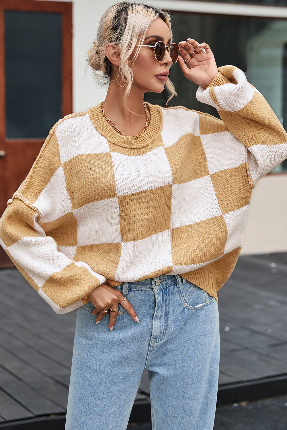 Womens Checkerboard Knit Sweater For Cozy Warmth Everyday - OKOHOKO™ FASHION