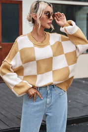 Womens Checkerboard Knit Sweater For Cozy Warmth Everyday - OKOHOKO™ FASHION