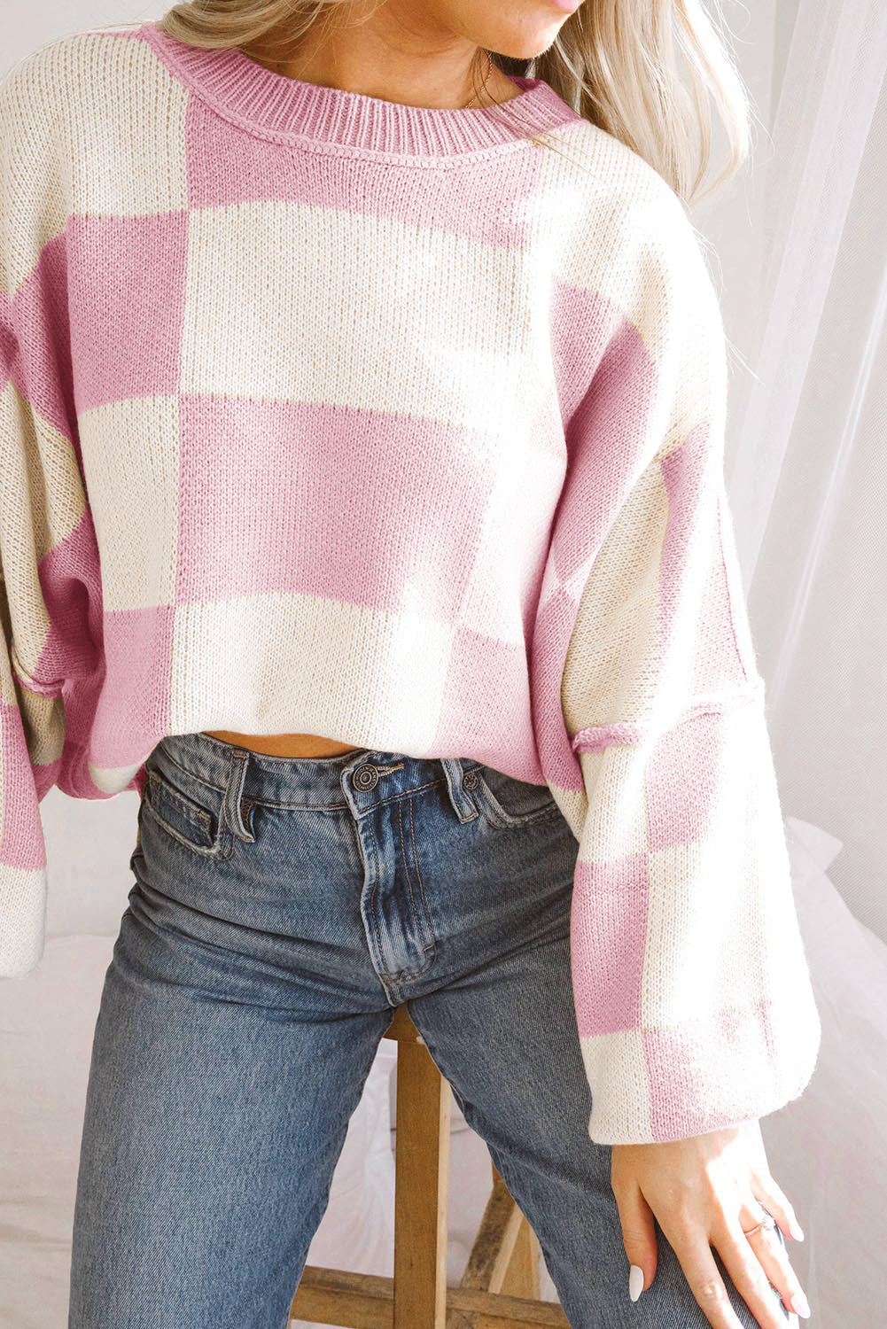 Womens Checkerboard Knit Sweater For Cozy Warmth Everyday - OKOHOKO™ FASHION