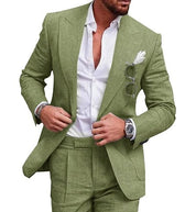 Mens Linen Suit Slim Fit 2 Piece Set Blazer Pants Summer Pea green Men's suit