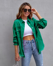 Ripped Shacket For Women Overshirt Jacket Breathable Cotton Green Jackets
