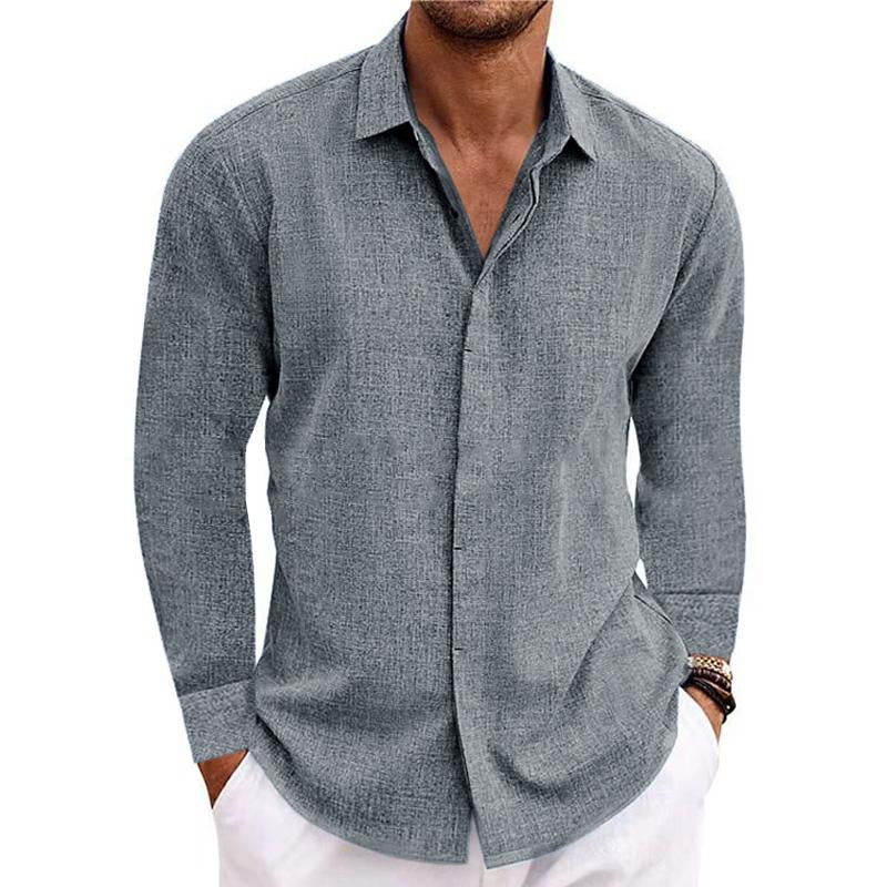 Mens Linen Long Sleeve Shirt Breathable Classic Fit Grey Shirts & Tops