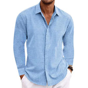 Mens Linen Long Sleeve Shirt Breathable Classic Fit Blue Shirts & Tops