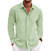 Mens Linen Long Sleeve Shirt Breathable Classic Fit Green Shirts & Tops