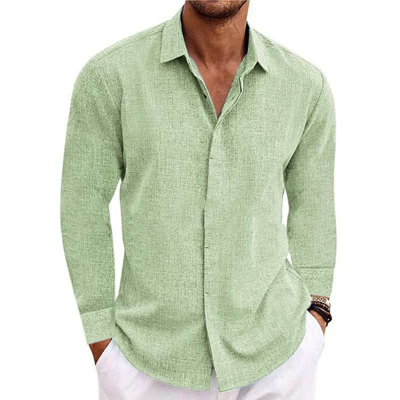Mens Linen Long Sleeve Shirt Breathable Classic Fit Green Shirts & Tops