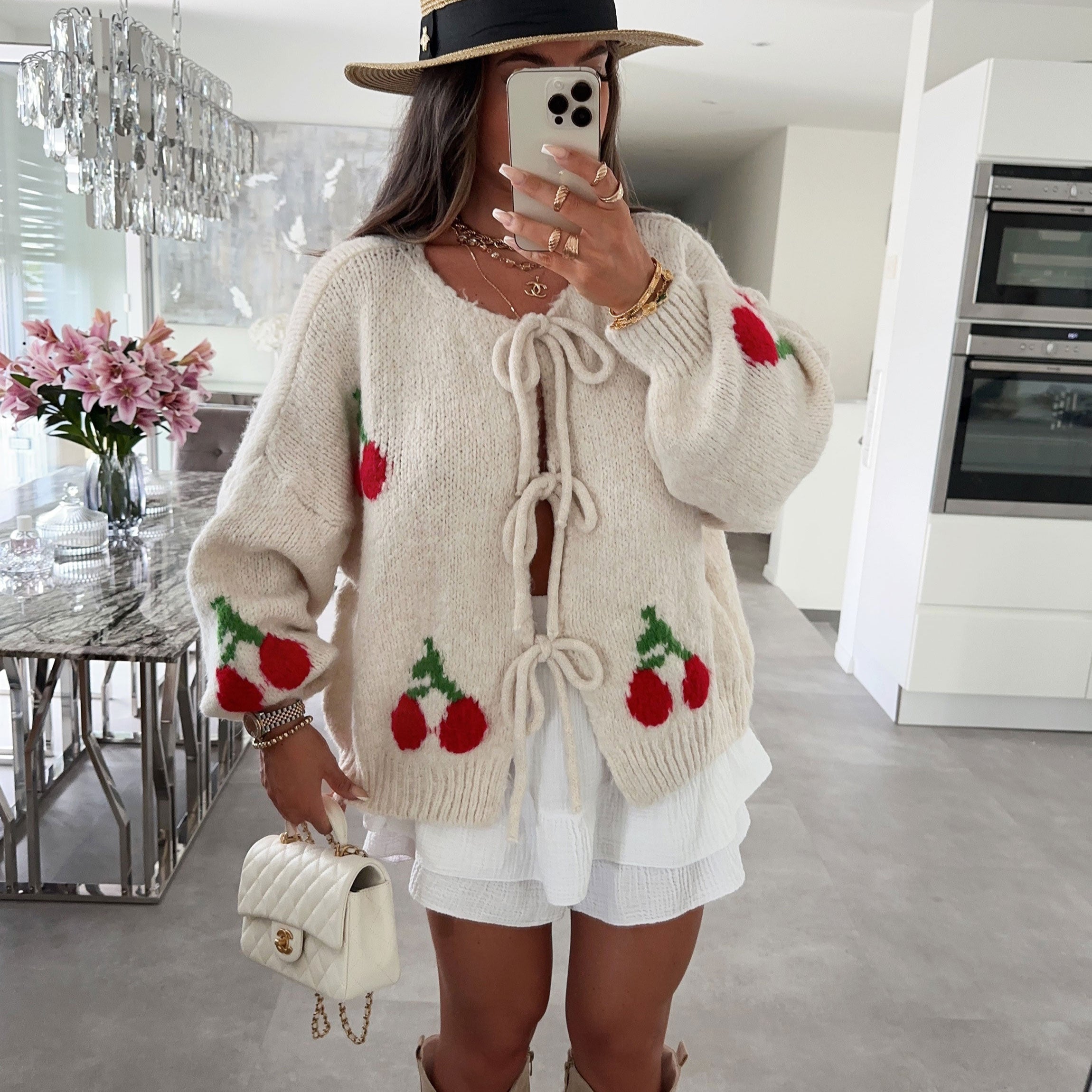 Soft Beige Bow Tie Cardigan With Lightweight Knit Fabric - OKOHOKO™ FASHION