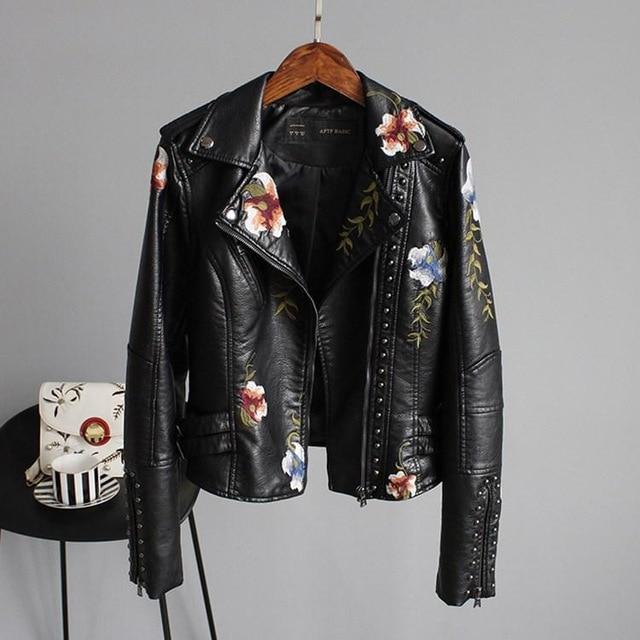 Embroidered Leather Jacket Women Elegant Tailored Fit - OKOHOKO™ FASHION