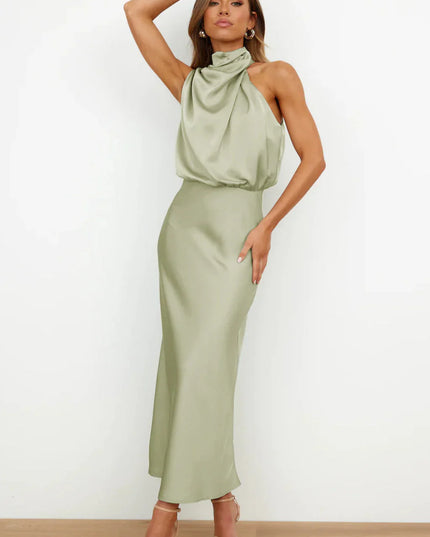 Imelda™ | Long Satin Dress with Halter Neckline Dress