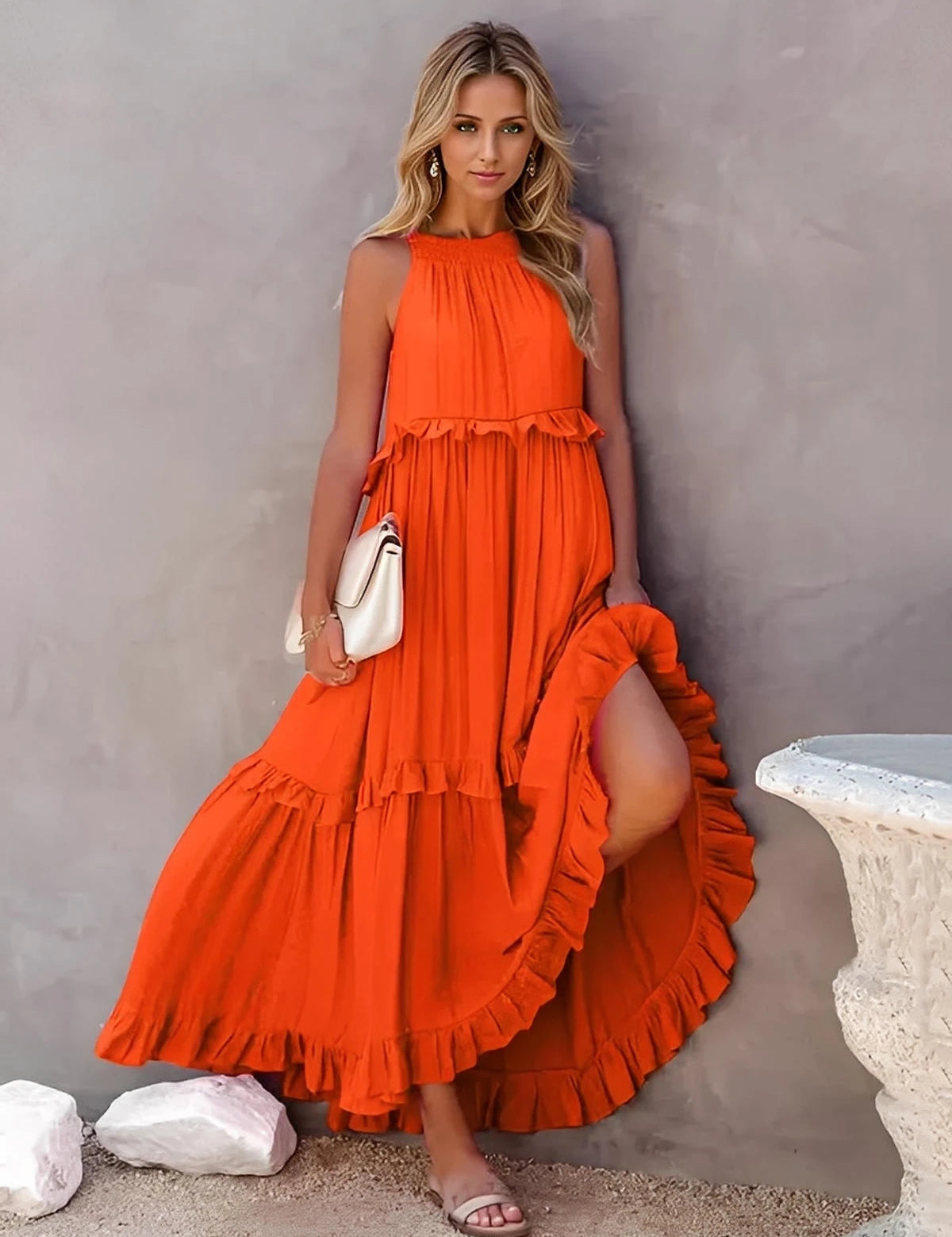 Ruffled Sleeveless Tiered Maxi Dress with Pockets