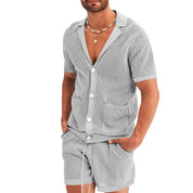 Men's Summer Casual Hollow Short Sleeve Shirt & Shorts Set Light Grey Shirts