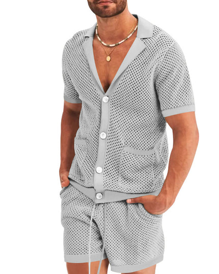 Men's Summer Casual Hollow Short Sleeve Shirt & Shorts Set Light Grey Shirts