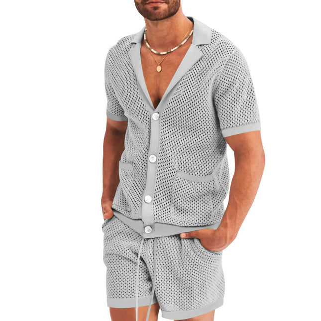 Men's Summer Casual Hollow Short Sleeve Shirt & Shorts Set Light Grey Shirts