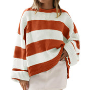 Striped Batwing Sleeve Knit Pullover Orange Woman, Sweaters