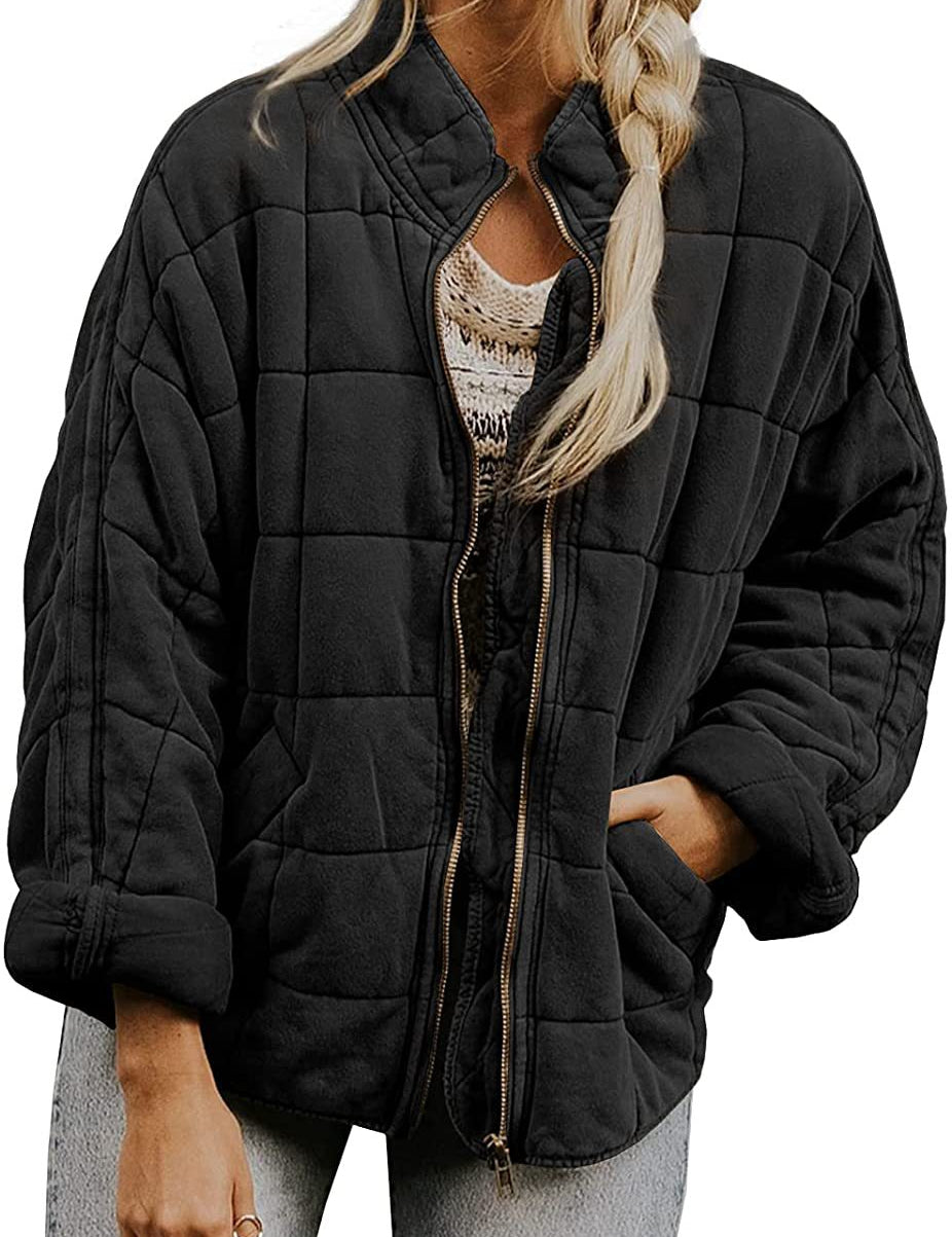 Plaid Stand-Collar Zip-Up Winter Coat for Women Black Coat