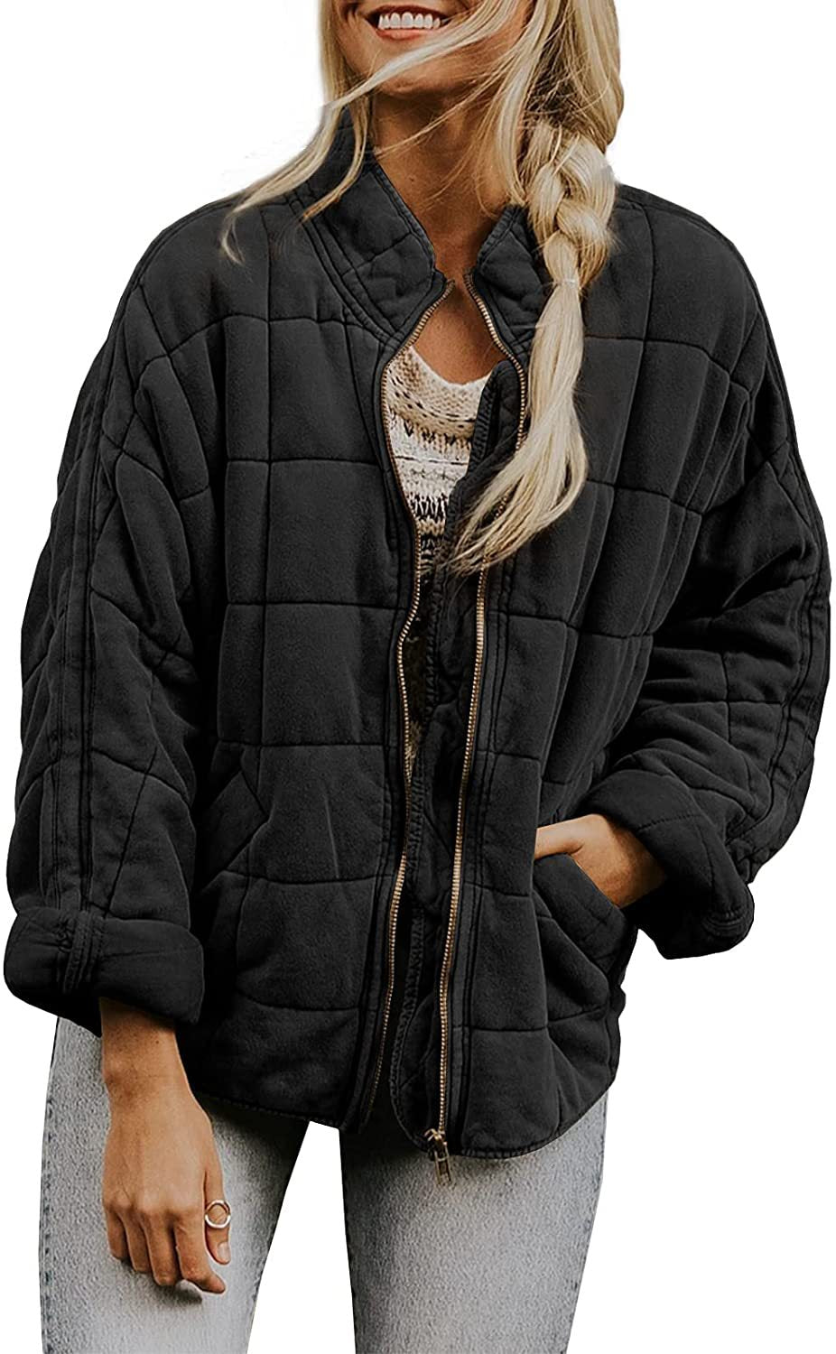 Plaid Stand-Collar Zip-Up Winter Coat for Women Black Coat