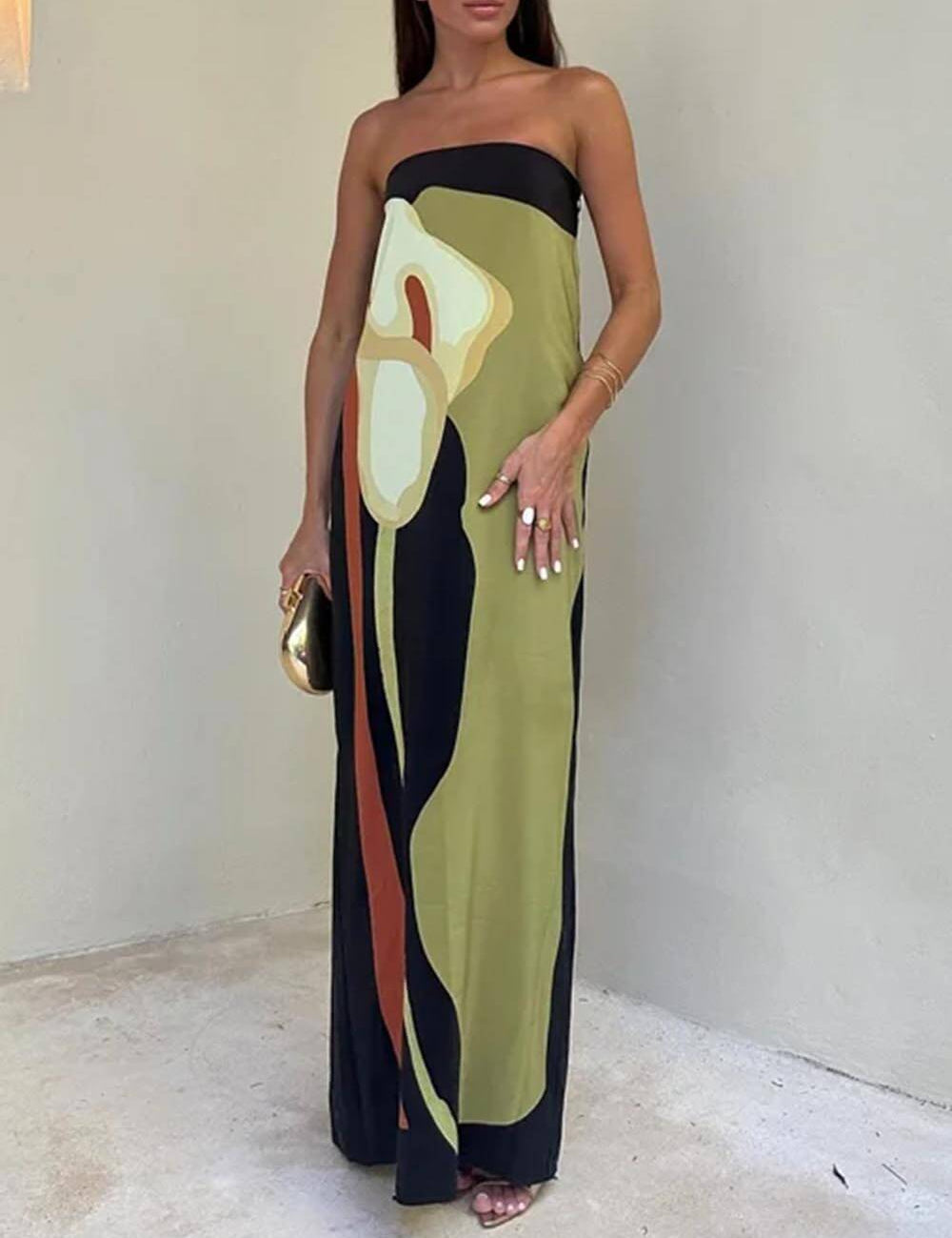 Off Shoulder Fashion Contrast Sleeveless Printed Maxi Dress Green Dresses