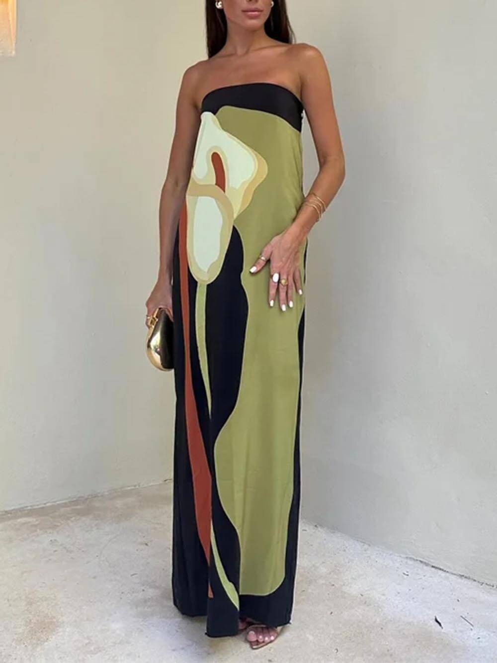 Off Shoulder Fashion Contrast Sleeveless Printed Maxi Dress Green Dresses