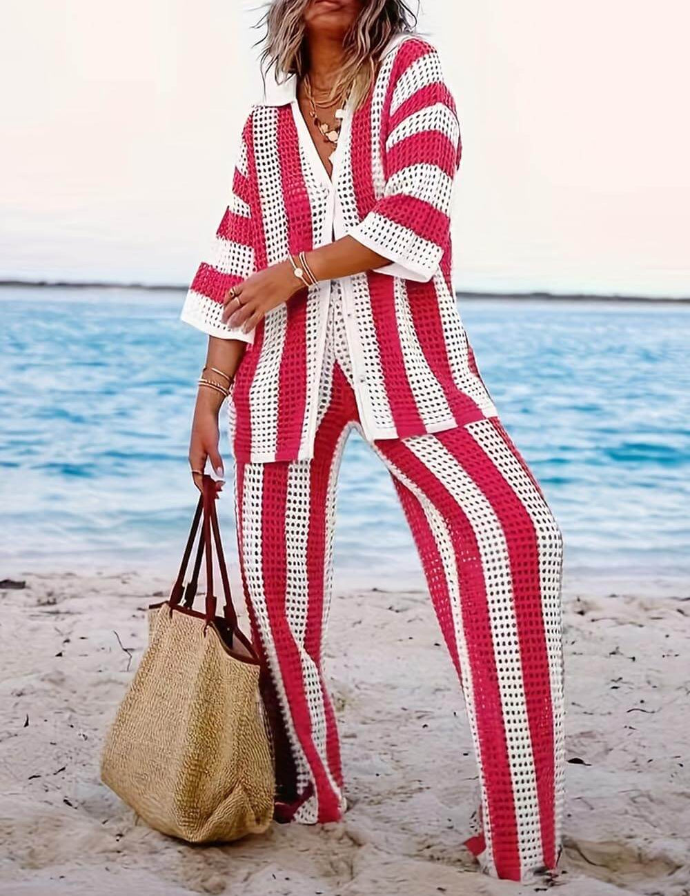 Loose V-Neck Fashion Hollow Out Striped Shirt Wide Leg Pants Set Rose Dresses