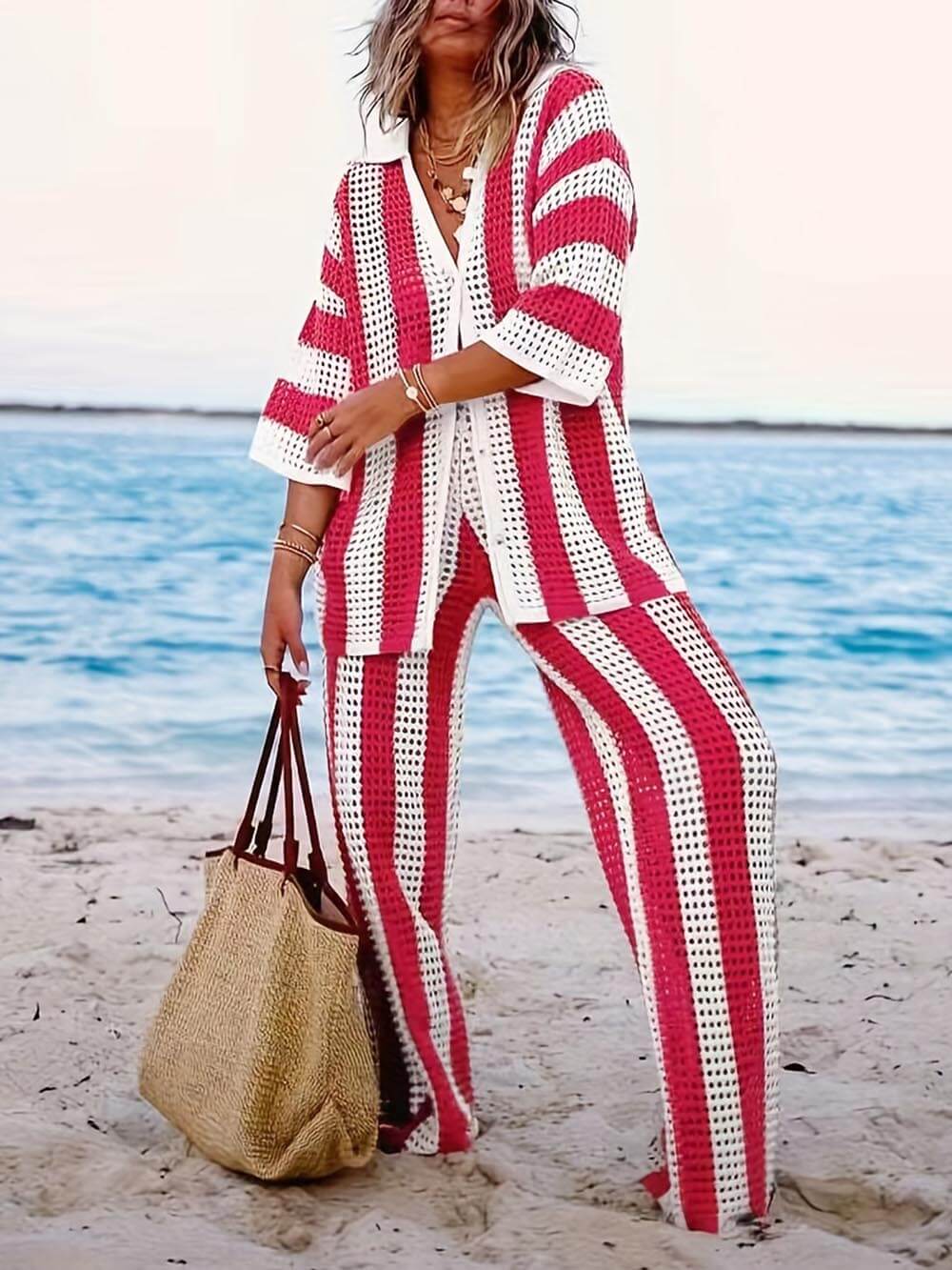 Loose V-Neck Fashion Hollow Out Striped Shirt Wide Leg Pants Set Rose Dresses