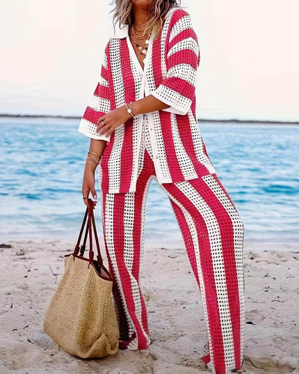Loose V-Neck Fashion Hollow Out Striped Shirt Wide Leg Pants Set Rose Dresses