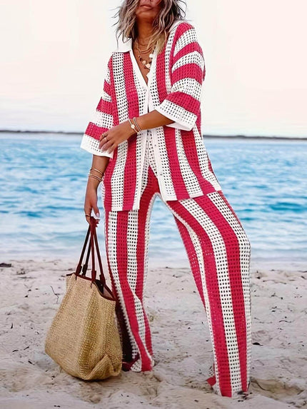 Loose V-Neck Fashion Hollow Out Striped Shirt Wide Leg Pants Set Rose Dresses