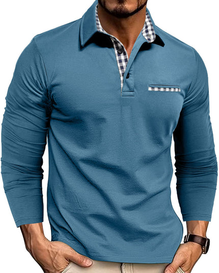 Casual Plaid Splicing Lapel Polo Shirt Fashion Solid Color Long Sleeve Top Men's Clothing Light Blue