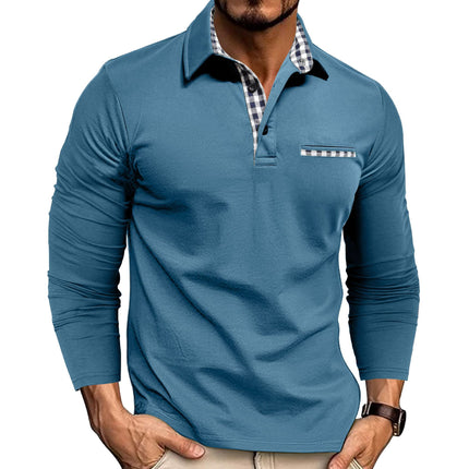 Casual Plaid Splicing Lapel Polo Shirt Fashion Solid Color Long Sleeve Top Men's Clothing Light Blue