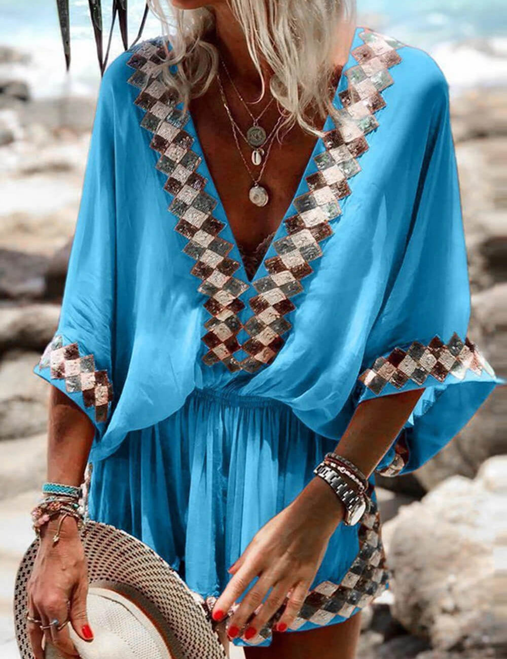 Bohemian Beach Print Kimono Romper Blue Dresses
